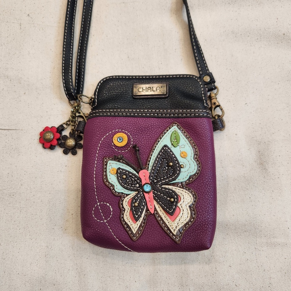 Chala Purple Butterfly Crossbody Cell Phone Bag Purse Key Fob Detachable Strap